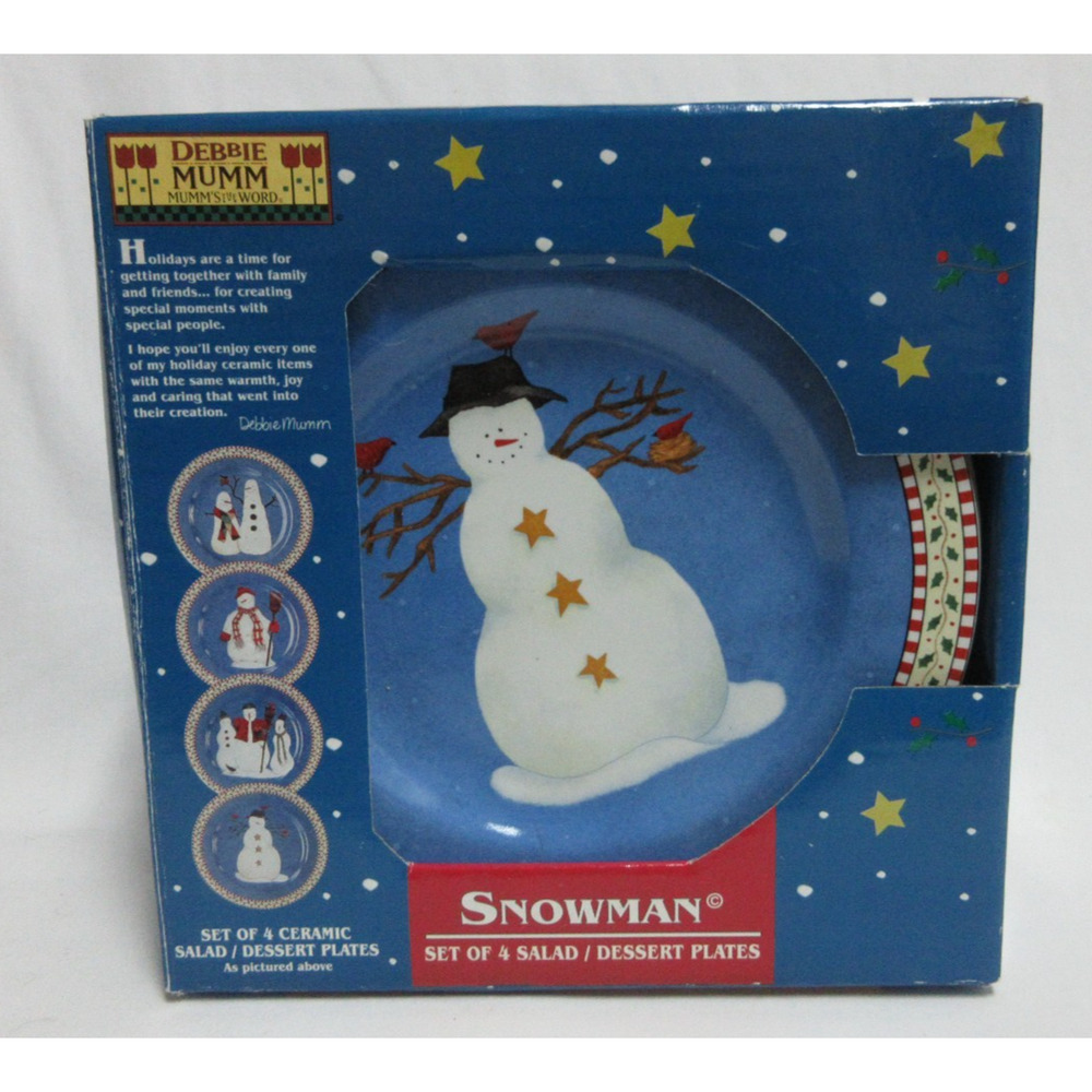 VTG Christmas Debbie Mumm SNOWMAN Ceramic Salad Dessert Plates NEW Set of 4